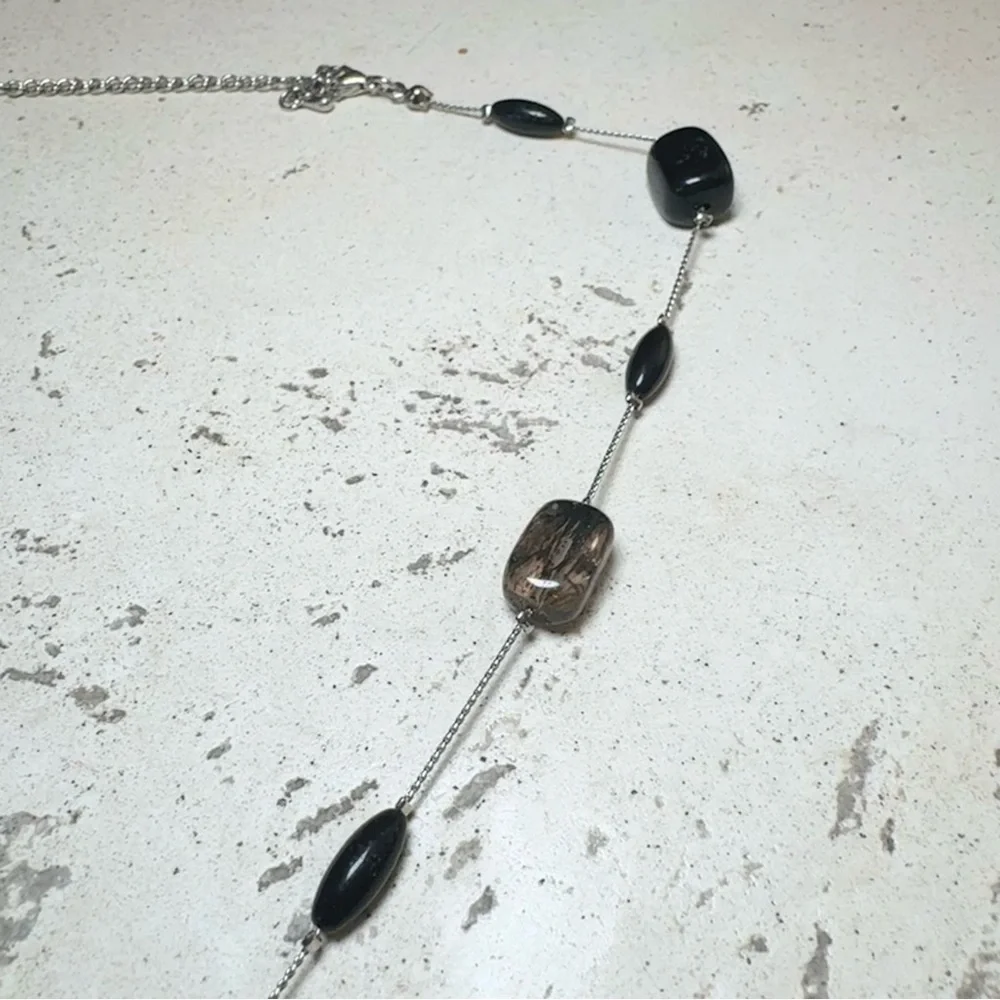 Silver Tone Black Beaded Teardrop Pendant Necklace